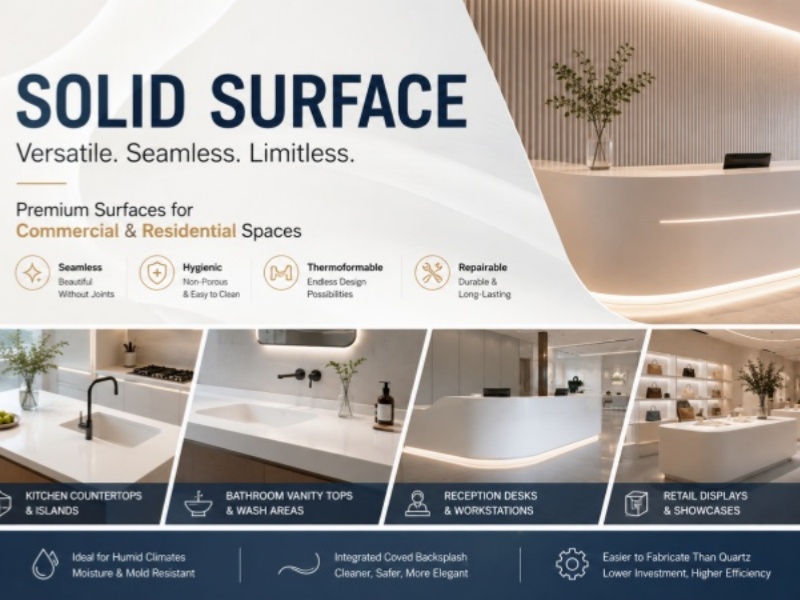 Applications des surfaces solides : des comptoirs d’accueil aux plans de travail de cuisine